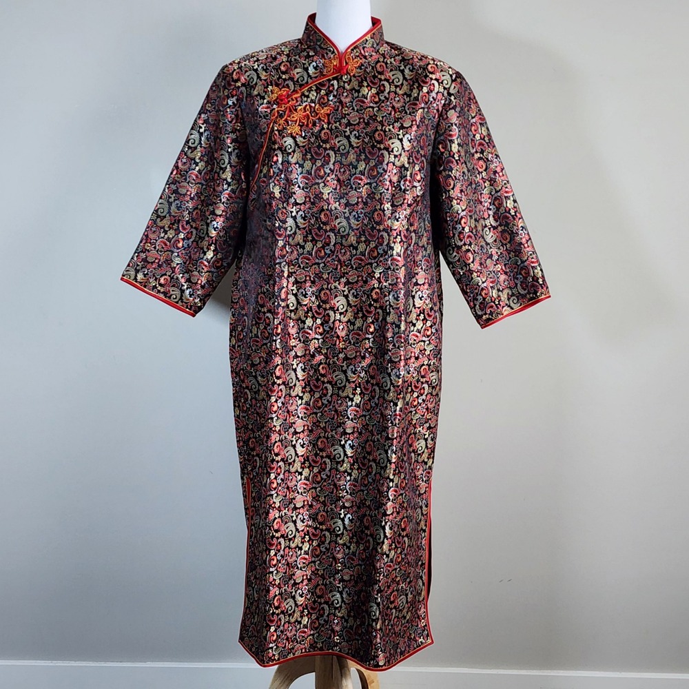 Cheongsam Qipao Dress Womens XL Black Red Brocade Floral Maxi Heavyweight Asian